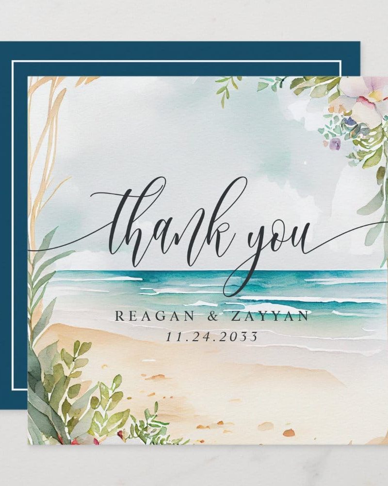 Beach wedding thank you card with watercolor design.