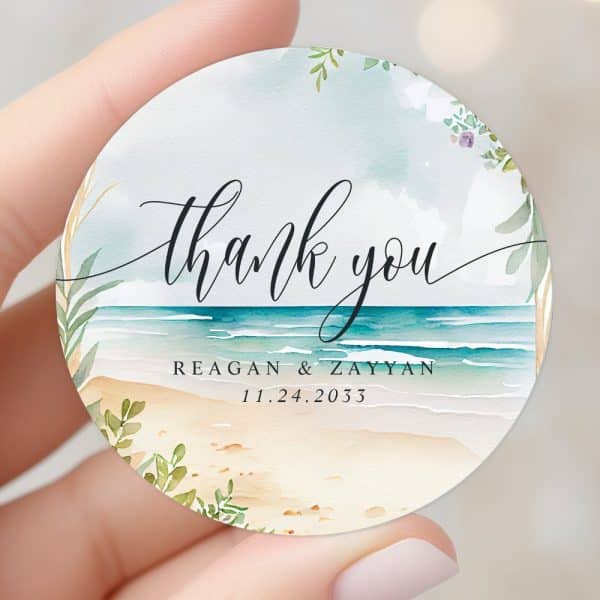 Round Thank You Tag With Beach Scene And Wedding Date.