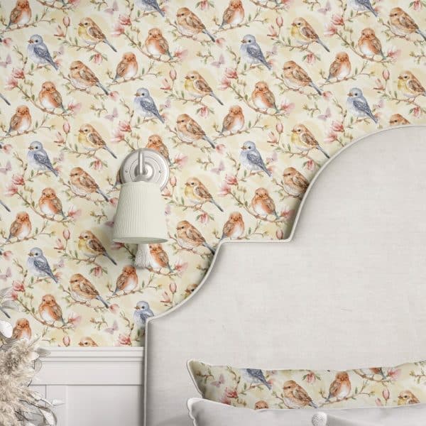 Beige Wallpaper Featuring A Repeating Pattern Of Watercolor Birds Perched On Branches With Pink Flowers.