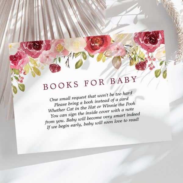 Baby Shower Request Card With Watercolor Flowers, Asking Guests To Bring A Book Instead Of A Card.