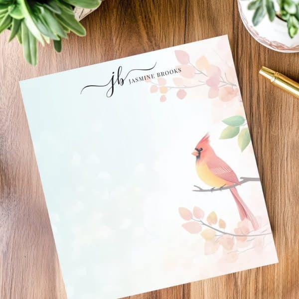 A Notepad Featuring A Watercolor Cardinal On A Branch With Delicate Pink Flowers And Leaves; The Initials Jb And Jasmine Brooks Are Also On The Pad.