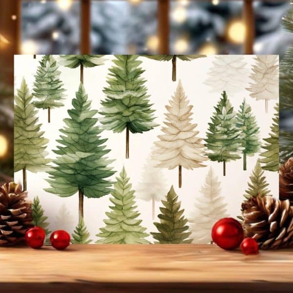 Watercolor Painting Of A Forest Of Evergreen Trees In Varying Shades Of Green And Beige.