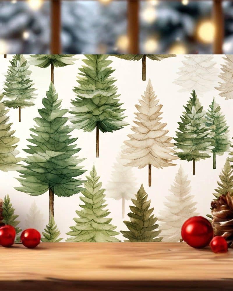Watercolor painting of a forest of evergreen trees in varying shades of green and beige.