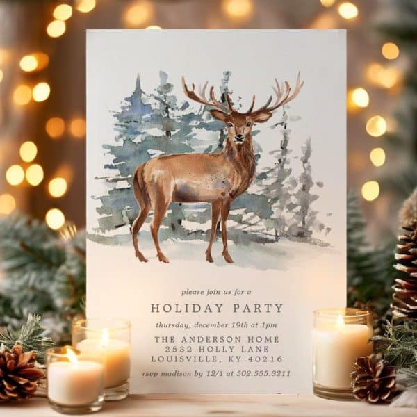 A Watercolor Painting Of A Deer In A Snowy Forest, Used As The Design For A Holiday Party Invitation.