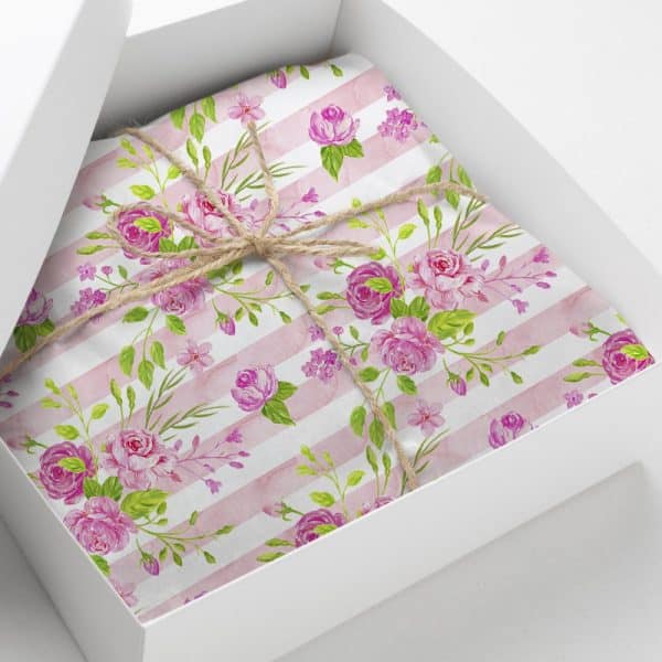 Pink Rose Floral Gift Wrap Tied With Twine In A White Gift Box.