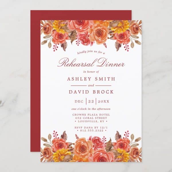 Rehearsal Dinner Invitation For Ashley Smith And David Brock, Featuring Watercolor Floral Design.