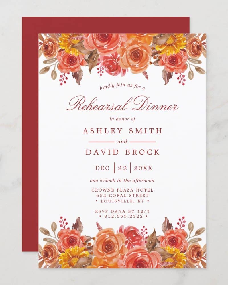 Rehearsal Dinner Invitation For Ashley Smith And David Brock, Featuring Watercolor Floral Design.