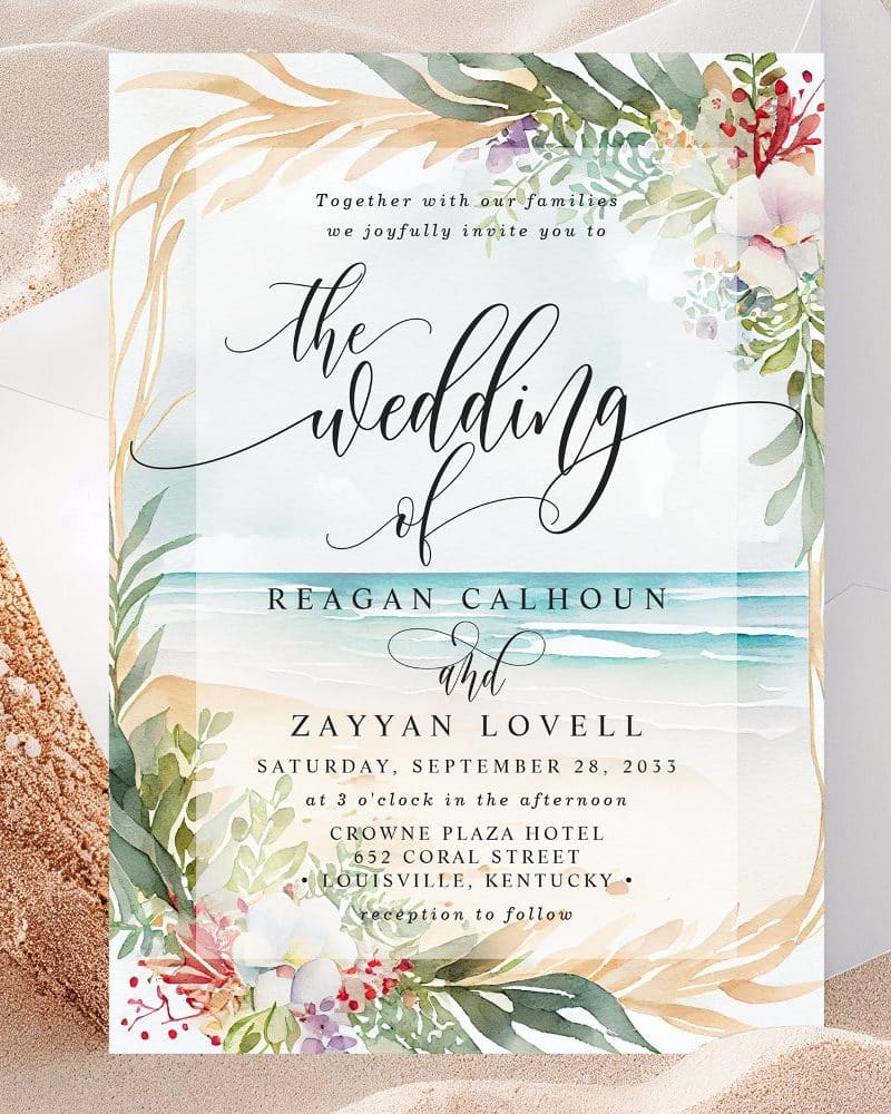 Wedding invitation for Reagan Calhoun and Zayyan Lovell, featuring beach and floral watercolor designs.