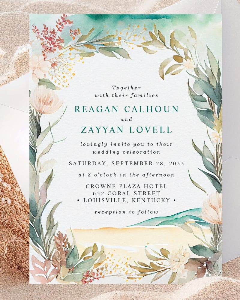 Wedding invitation with watercolor floral border; Reagan Calhoun and Zayyan Lovell's wedding details are in the center.