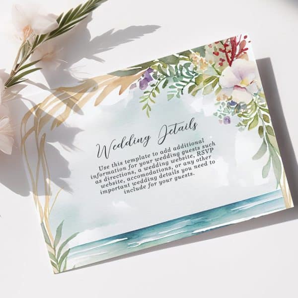 Wedding Details Card With Watercolor Floral And Beach Scene.