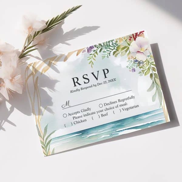 Watercolor Rsvp Card With Floral And Beach Scene, Requesting Response By December 22Nd And Meal Choice.