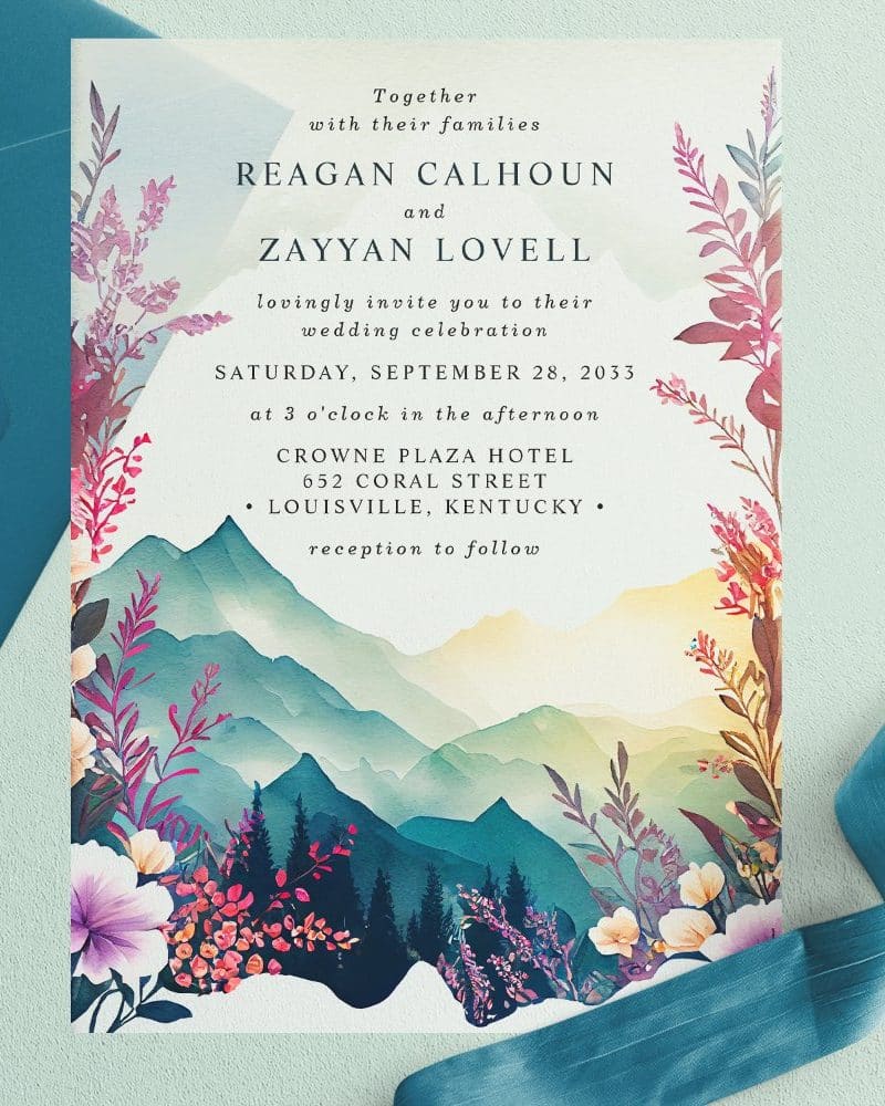Wedding invitation with watercolor mountains and floral details.