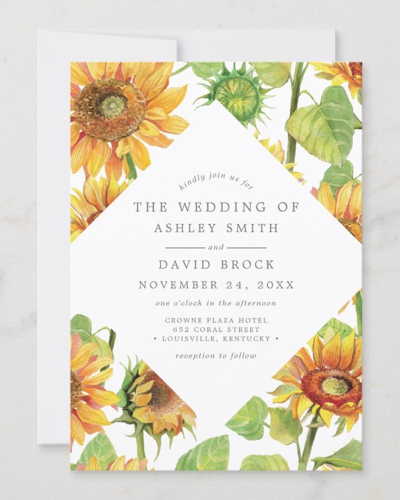 Wedding invitation featuring sunflowers; Ashley Smith and David Brock are getting married November 24th.