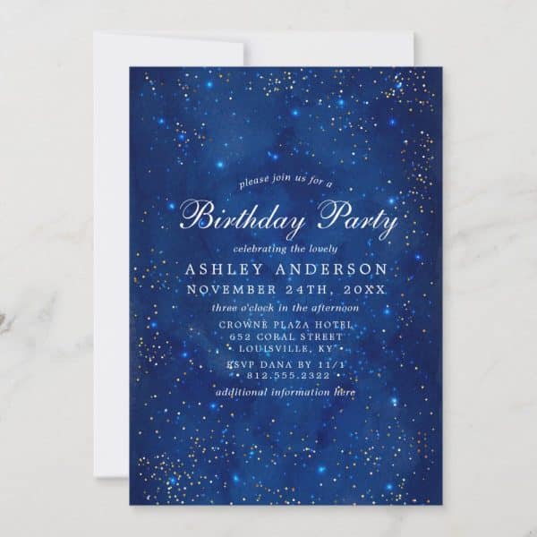 Birthday Party Invitation For Ashley Anderson On November 24Th, Featuring A Dark Blue Starry Night Design.