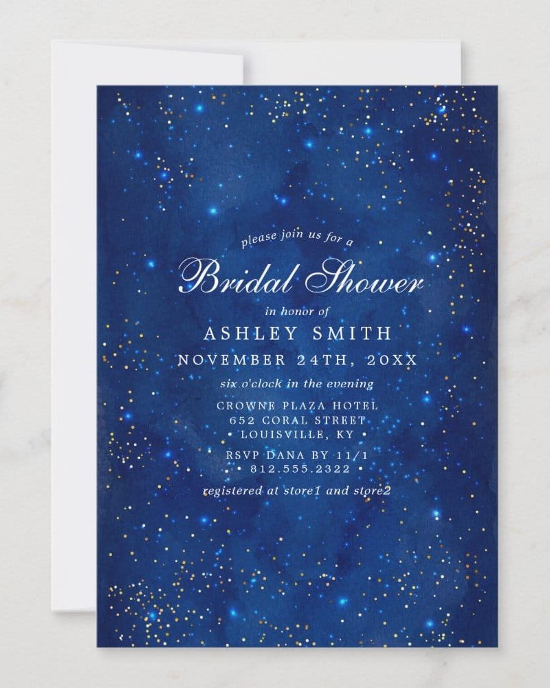 Bridal shower invitation for Ashley Smith, featuring a dark blue starry night design with gold glitter.