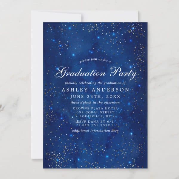 A Dark Blue Graduation Party Invitation With Gold Glitter, Announcing Ashley Anderson'S Graduation.