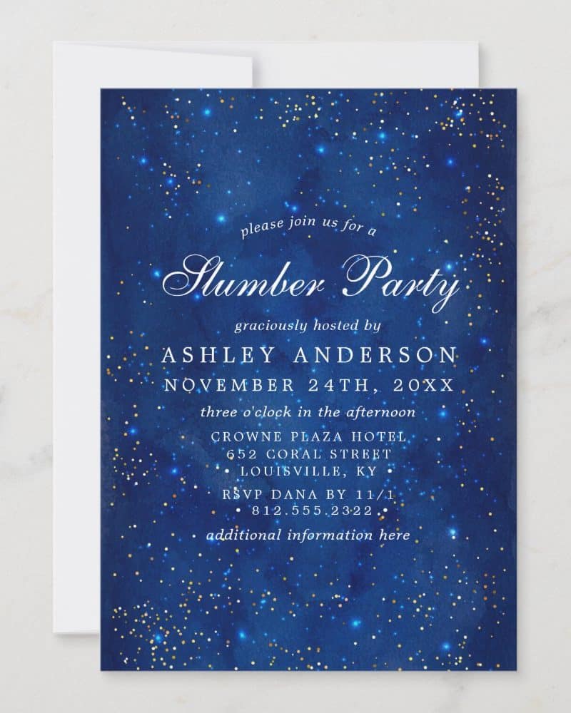 A dark blue slumber party invitation with gold glitter stars.