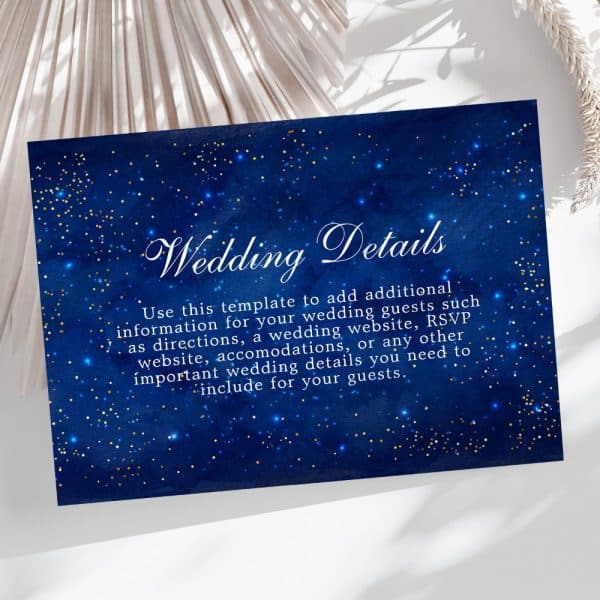 Navy Blue Wedding Details Card With Gold And Blue Glitter, Text Stating Its Purpose.