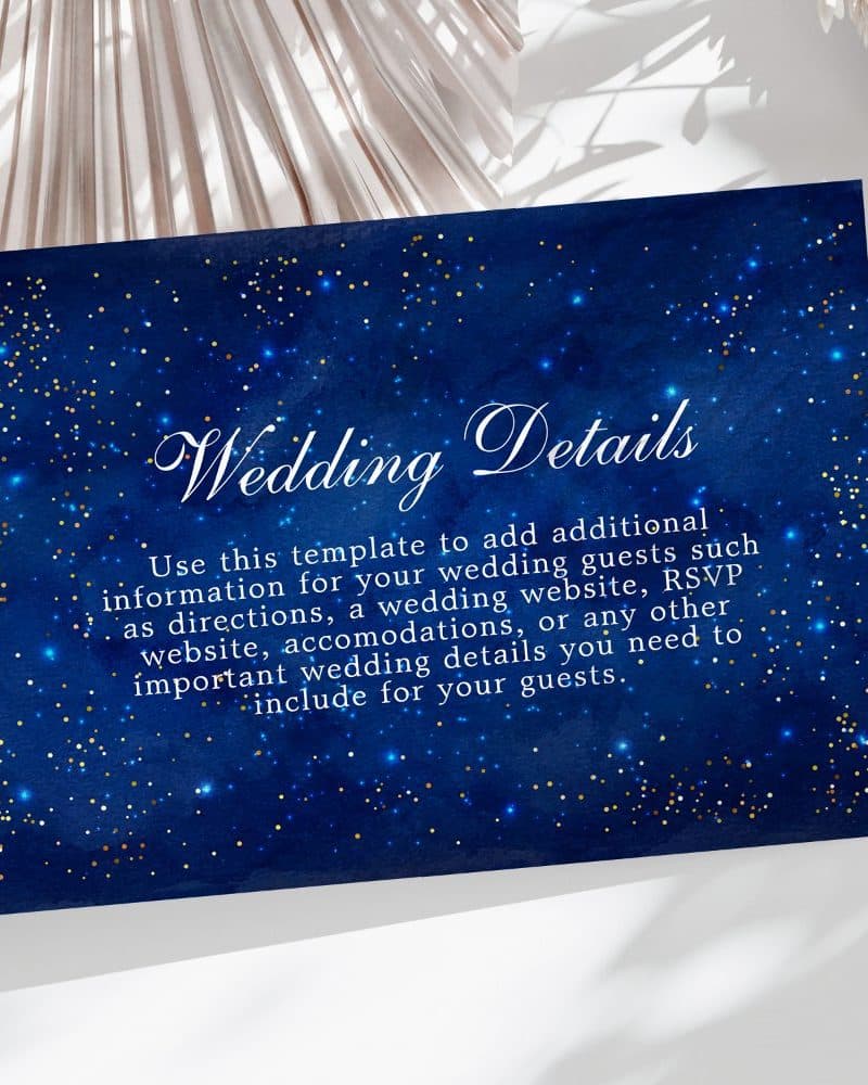 Navy blue wedding details card with gold and blue glitter, text stating its purpose.