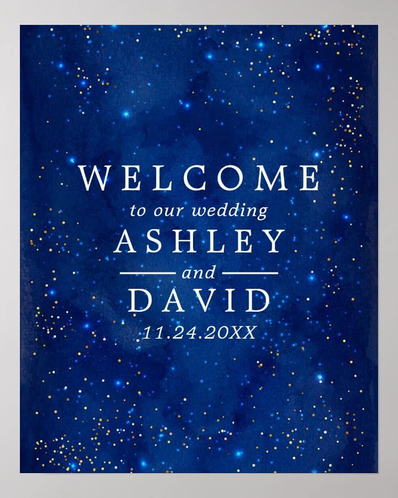 Wedding announcement for Ashley and David, with a dark blue starry night background.