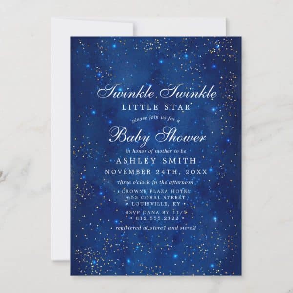 A Navy Blue Baby Shower Invitation With Gold Glitter And Sparkling Stars. The Invitation Is For Ashley Smith.