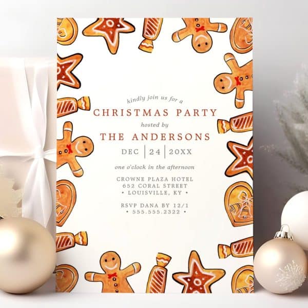 Christmas Party Invitation Decorated With Gingerbread Cookies And Candies.