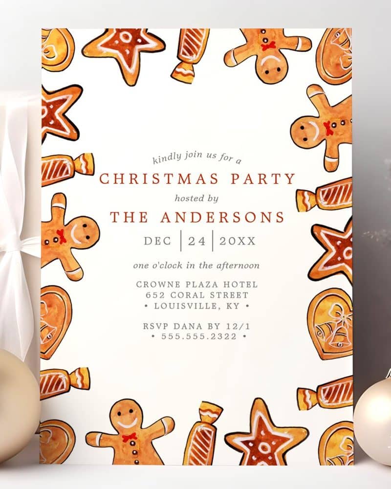 Christmas party invitation decorated with gingerbread cookies and candies.