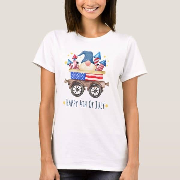 White T-Shirt Featuring A Patriotic Gnome In A Wagon With Fireworks.