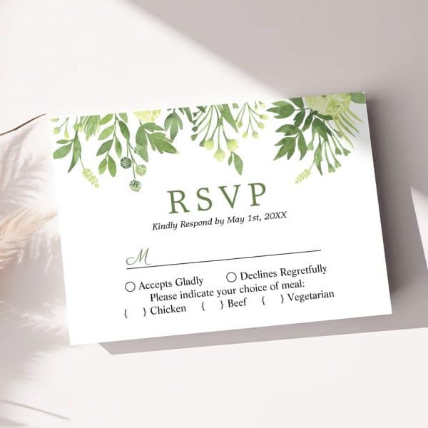 Rsvp Card With Green Watercolor Floral Border; Includes Options To Accept Or Decline The Invitation And Meal Choices.