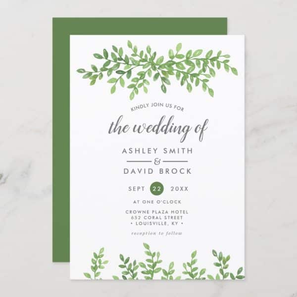 Wedding Invitation For Ashley Smith And David Brock, Featuring A Watercolor-Style Greenery Design.