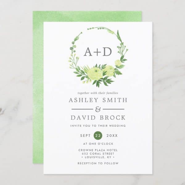 Wedding Invitation With A Floral Wreath Featuring The Initials A+D And The Names Ashley Smith And David Brock.