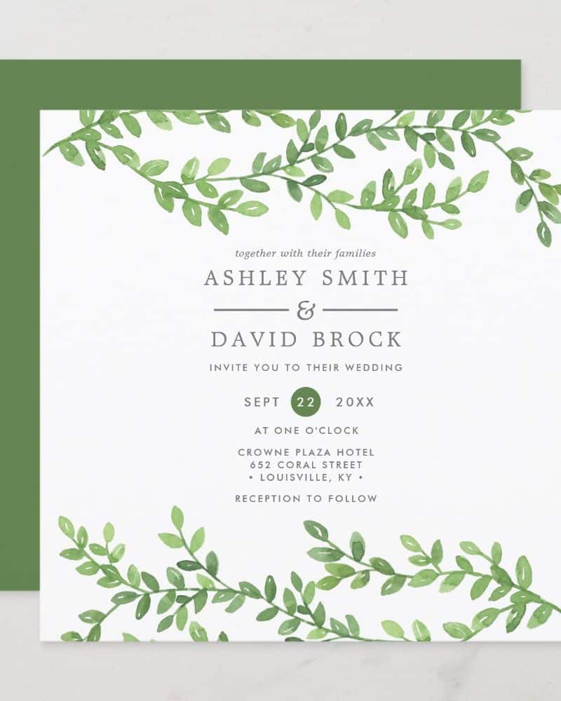 Wedding invitation for Ashley Smith and David Brock, featuring green watercolor leaves.