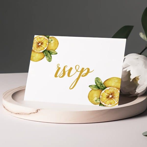 White Rsvp Card With Gold Lettering And Watercolor Lemons.