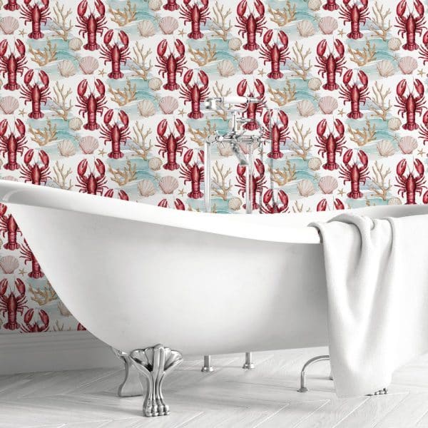 White Clawfoot Bathtub Against A Wall With A Repeating Pattern Of Red Lobsters, Seashells, And Coral.