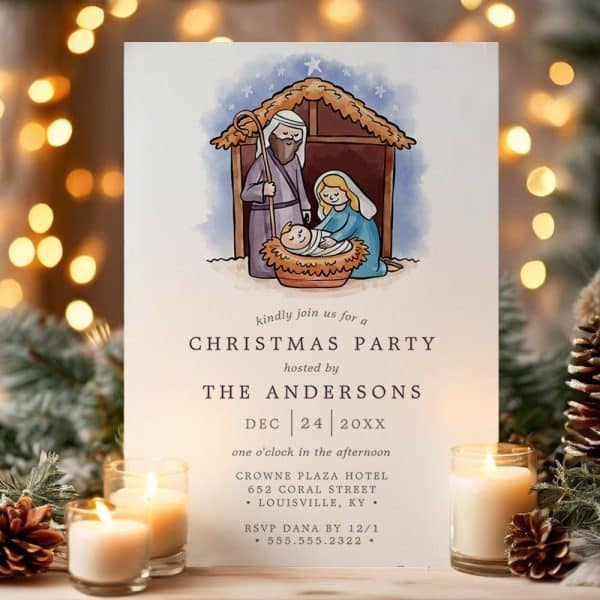 Christmas Party Invitation Featuring A Nativity Scene Illustration.