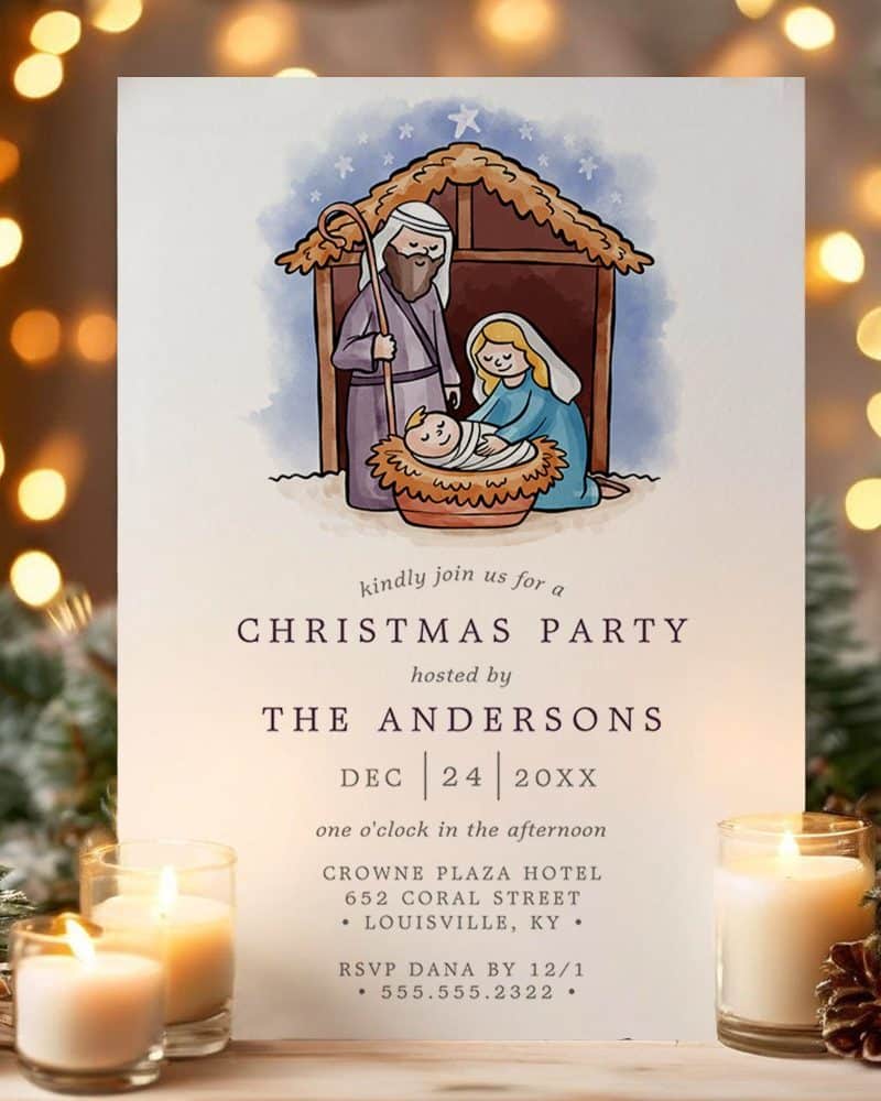 Christmas party invitation featuring a nativity scene illustration.