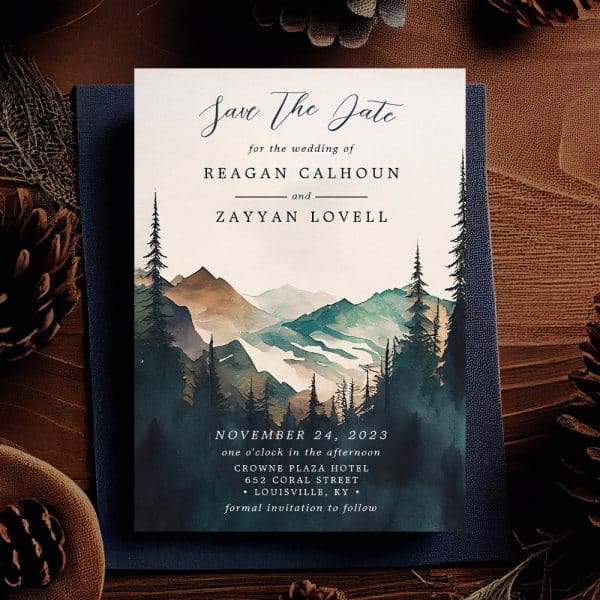 Save The Date For The Wedding Of Reagan Calhoun And Zayyan Lovell, Featuring A Watercolor Painting Of Mountains And Trees.