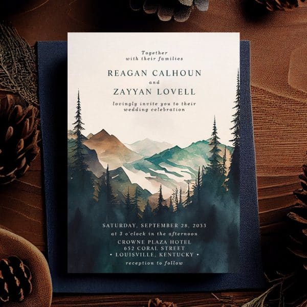 Wedding Invitation With Watercolor Mountain Landscape.