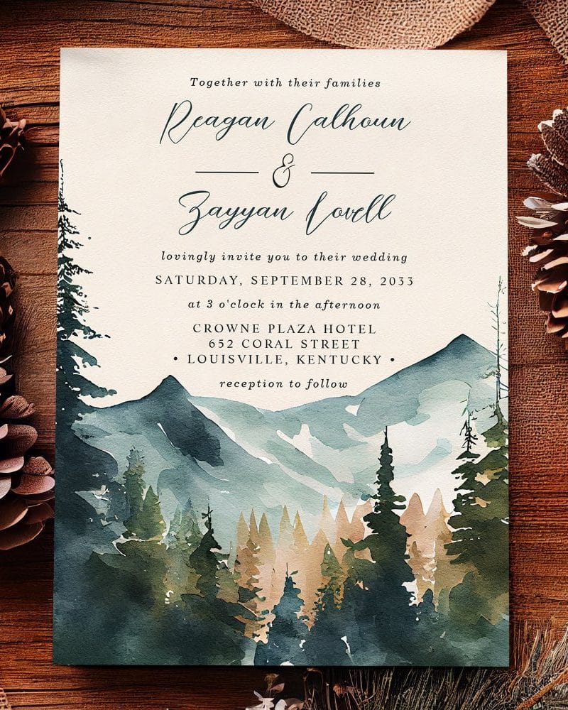 Wedding invitation with watercolor mountain and forest scene.