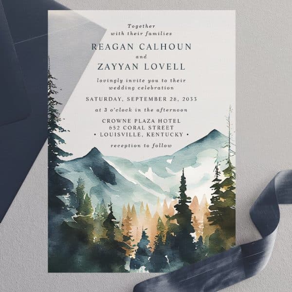 Wedding Invitation With Watercolor Painting Of Mountains And Pine Trees.