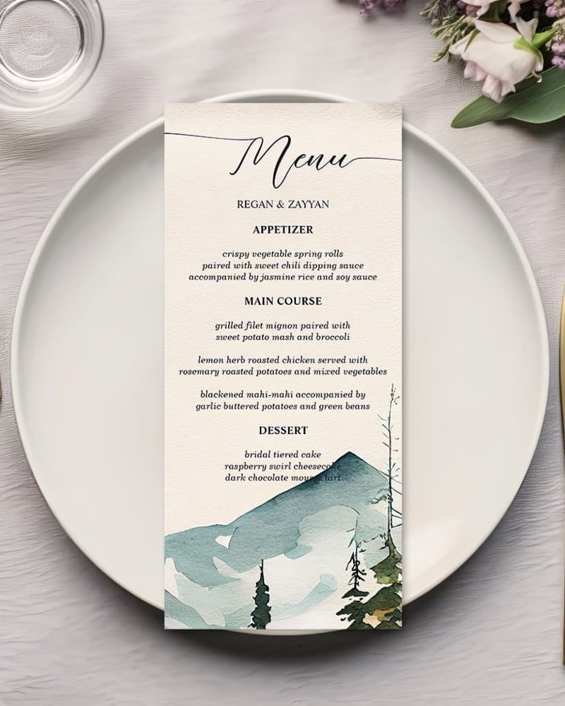 Watercolor Mountains And Pines Wedding Menu