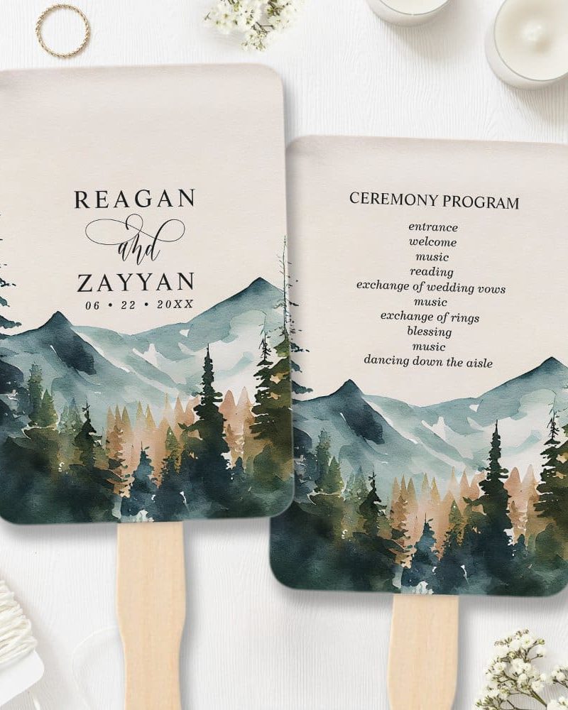 Watercolor Mountains And Pines Wedding Program Hand Fan