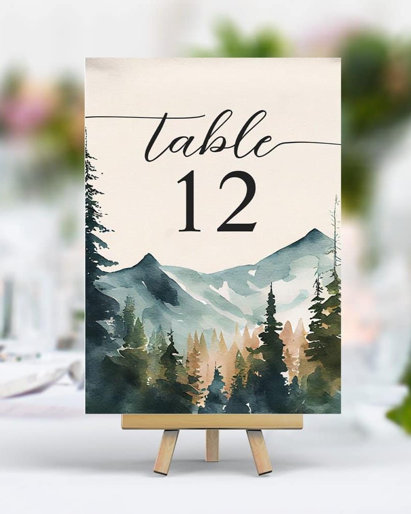 Watercolor Mountains And Pines Wedding Table Number
