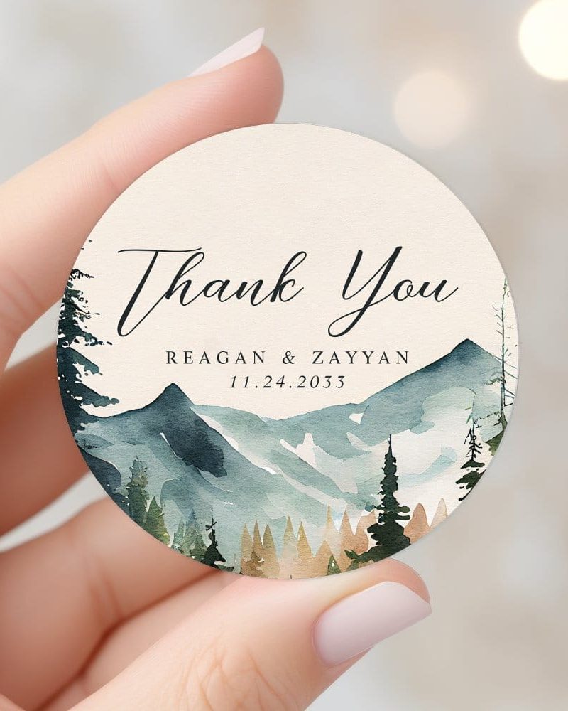 Watercolor Mountains And Pines Wedding Thank You Classic Round Sticker