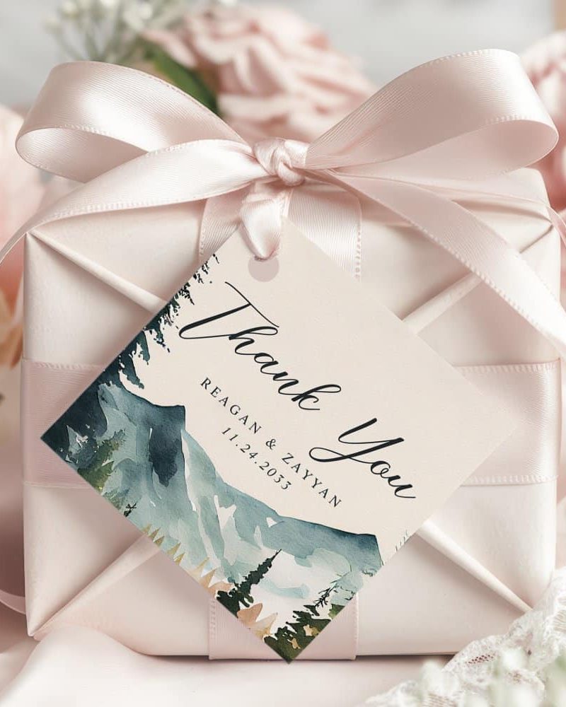 Watercolor Mountains And Pines Wedding Thank You Favor Tags