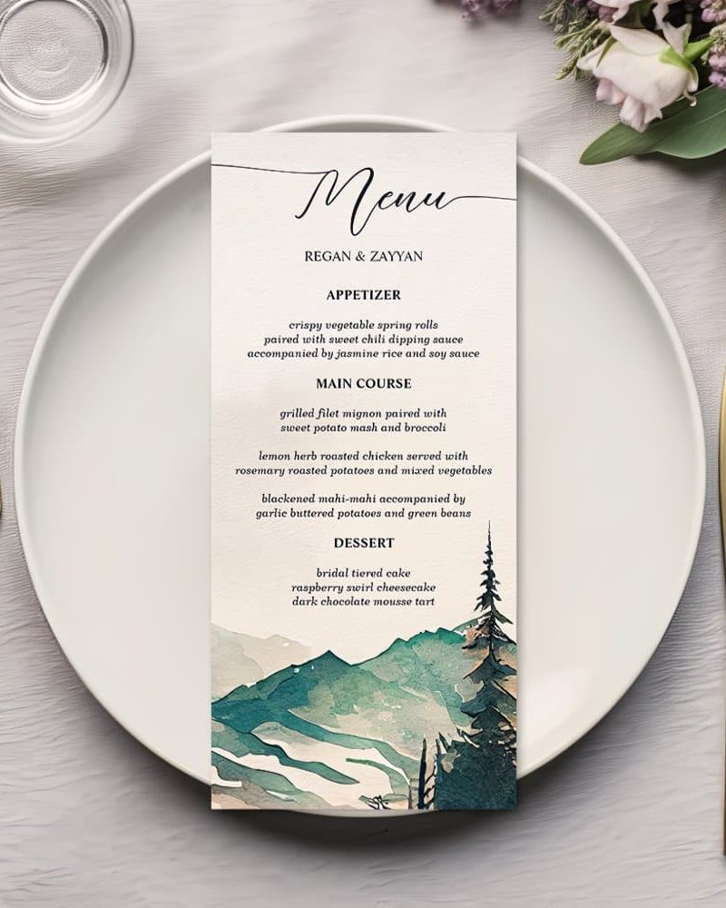 Watercolor Mountains Pine Forest Wedding Menu