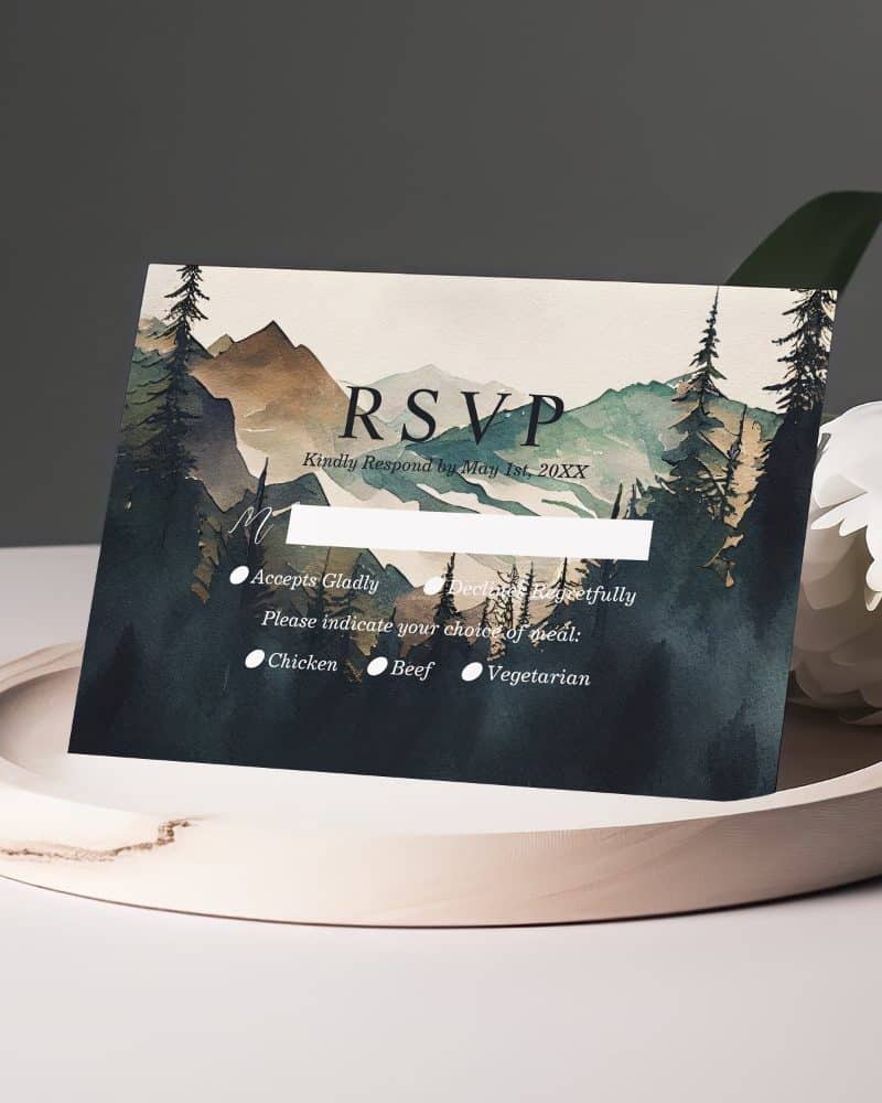 Watercolor mountain range RSVP card with meal choices.