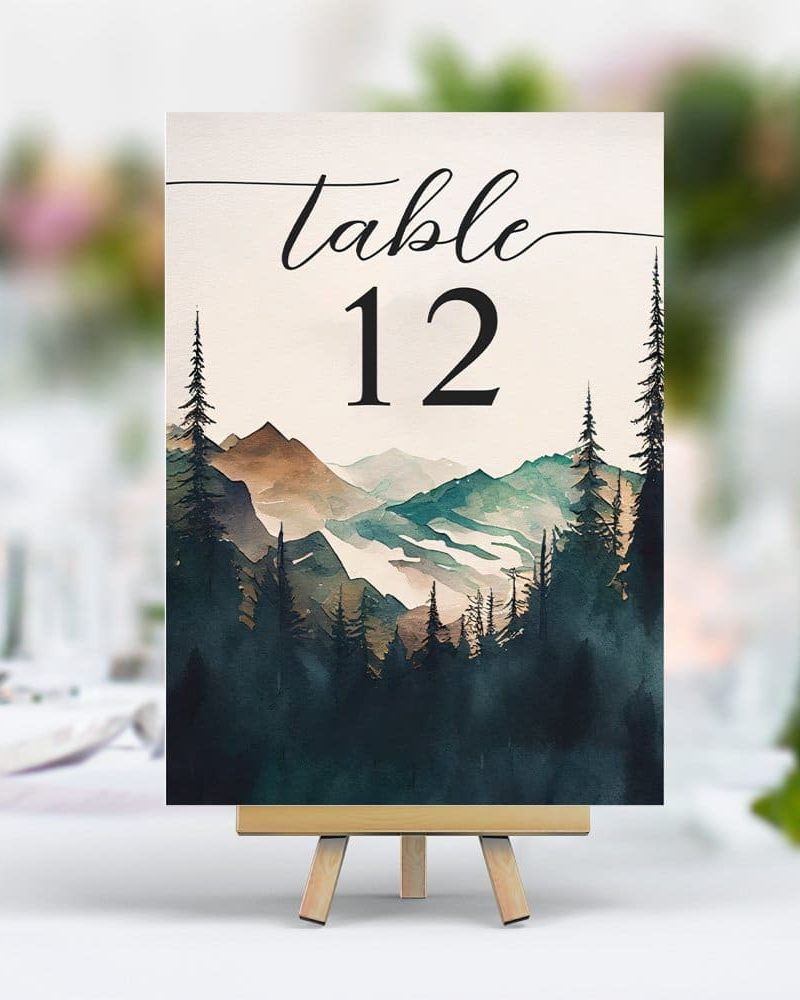 Watercolor Mountains Pine Forest Wedding Table Number