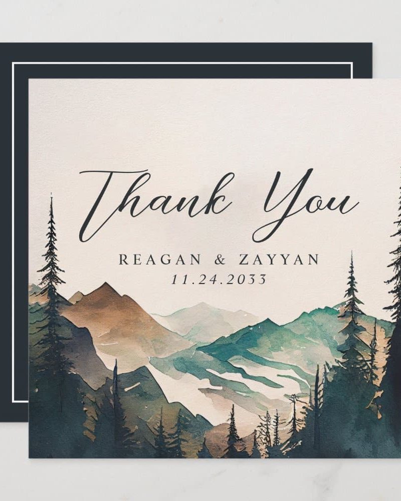 A watercolor painting of mountains and evergreens on a thank you card from Reagan & Zayyan, November 24, 2033.