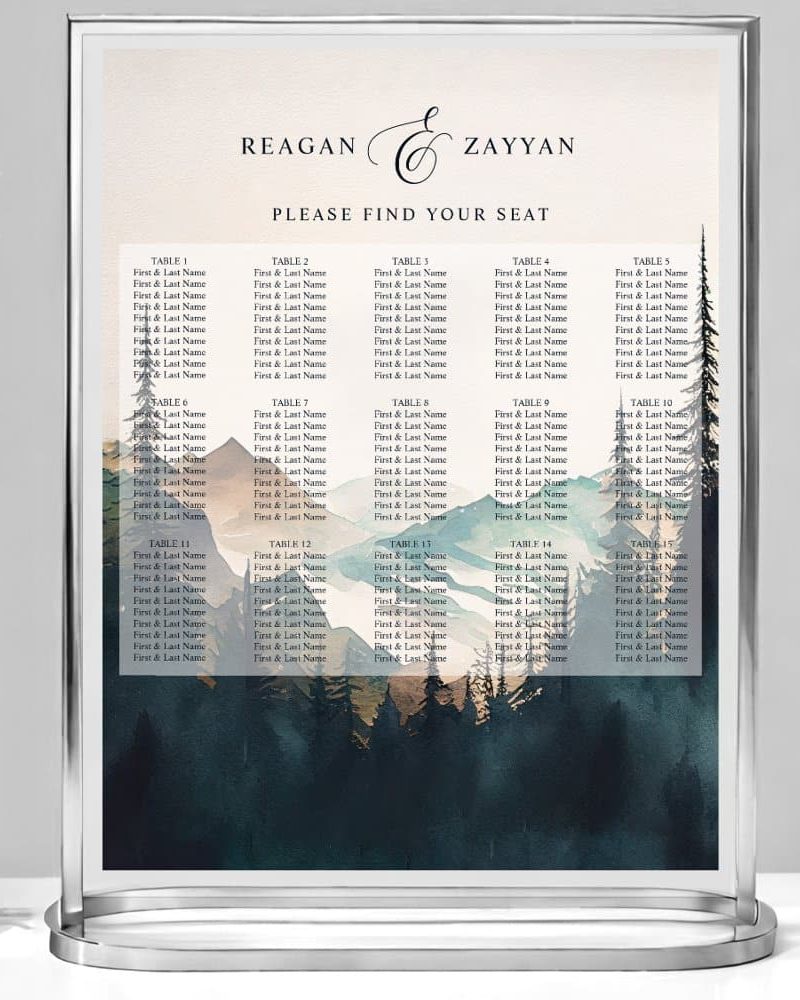 Watercolor Mountains Pine Wedding Seating Chart